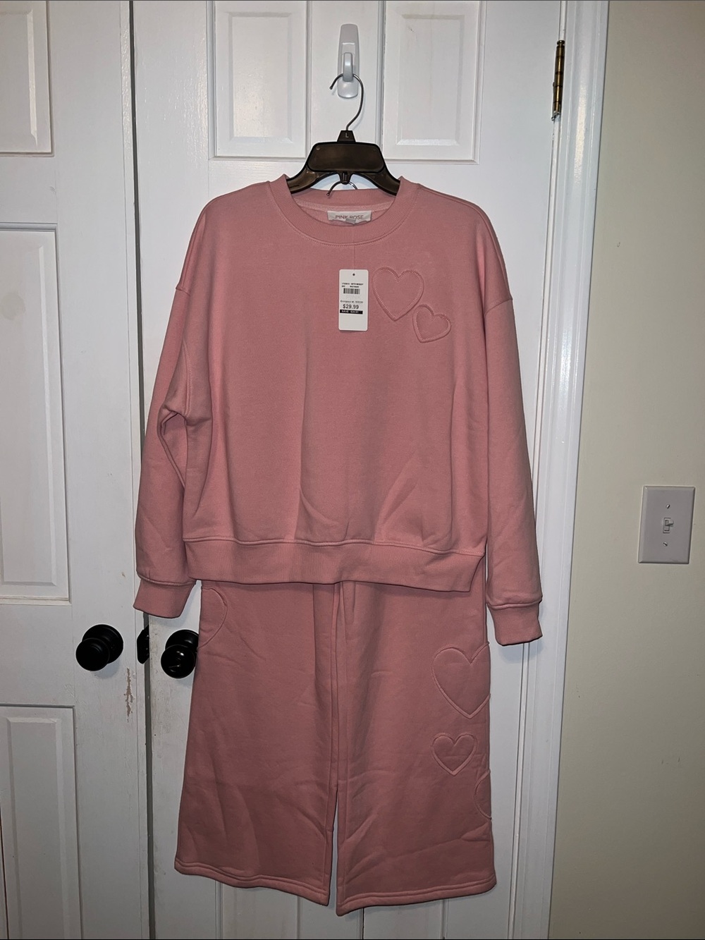 Pink Rose Pink Heart Embossed Sweatshirt & Wide-Leg Lounge Set